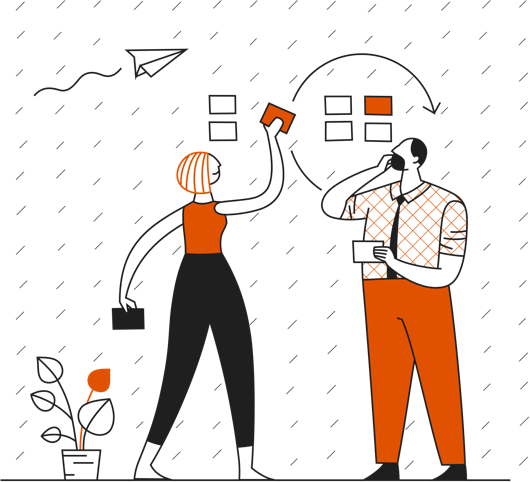 Illustration of a woman and a man hanging and sorting Idea-Cards on a wall.
