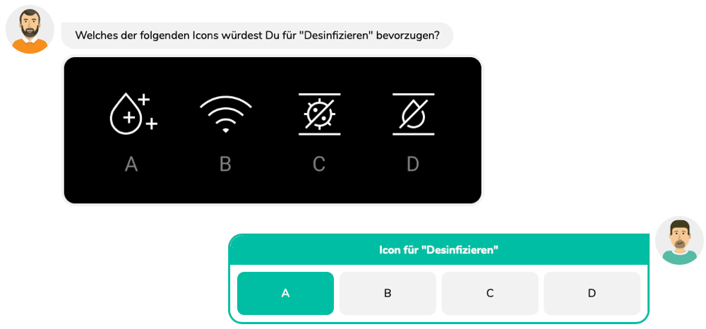 Example from Pollux, with which four different icons for the term "disinfect" are checked for comprehensibility. The user can choose the icon that best suits him / her.