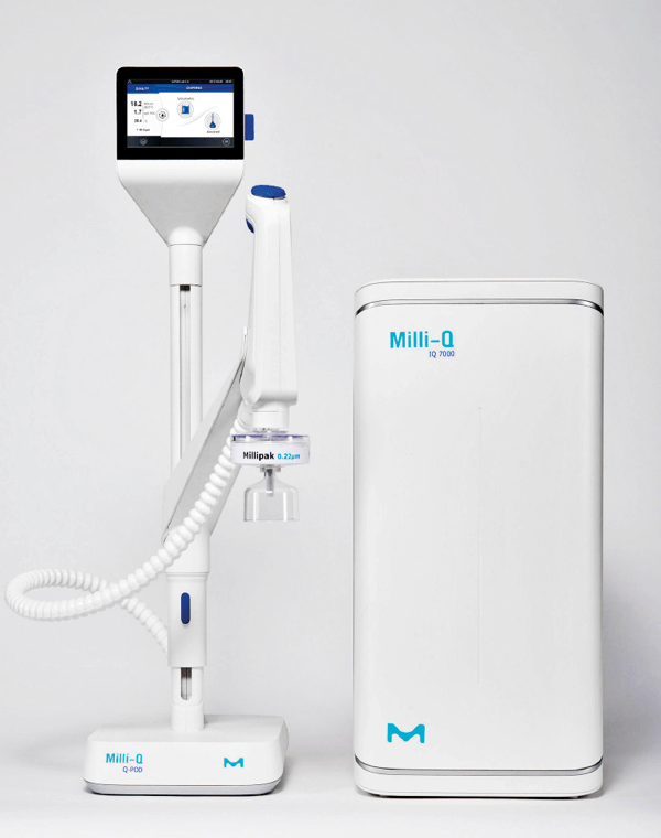 White, two-part fresh water system Milli-Q photographed frontally by Merck Millipore.