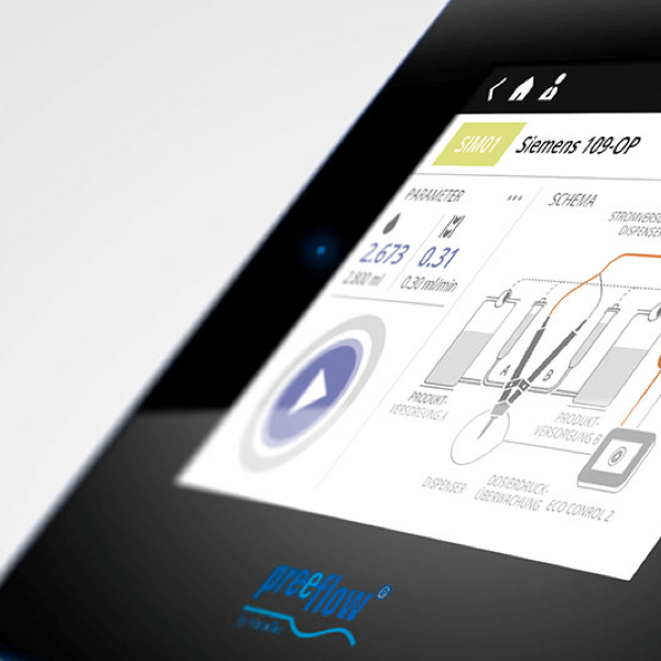 Close-up of a blue and white, digital user interface for the eco 200 adhesive dispenser from ViscoTec.
