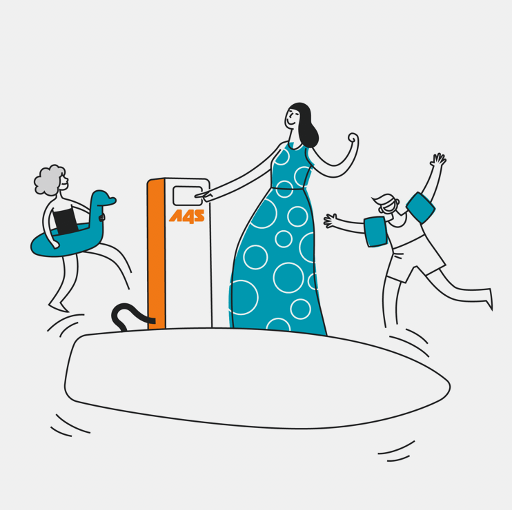 Eine Zeichnung zeigt eine Mutter mit zwei Kindern wie sie an einer Aufpumpstation ihr SUP aufpumpen
