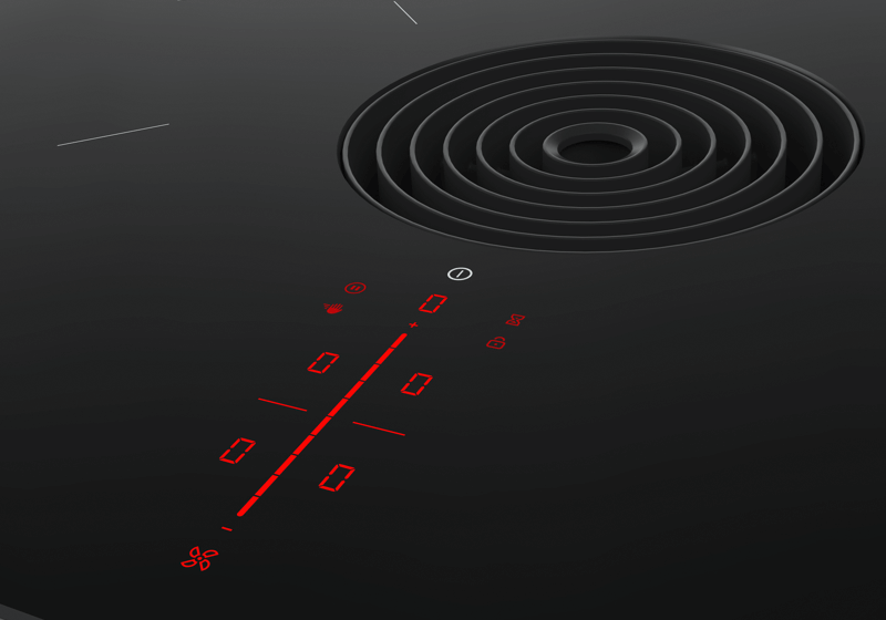 Detailansicht der roten, segmentierten Benutzerschnittstelle der BORA Pure mit einem schwarzen Einströmgitter.