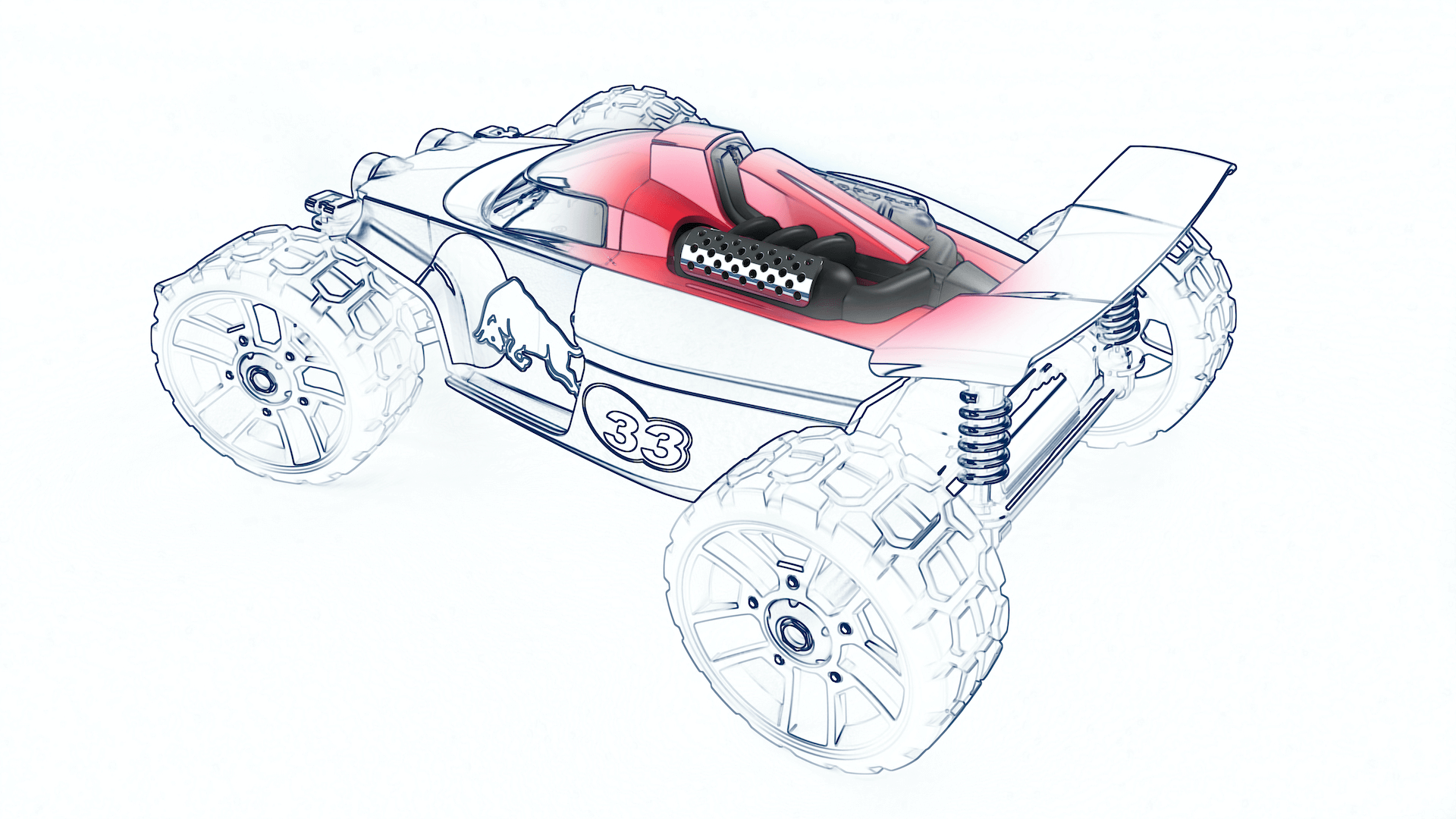 A detailed drawing of the remote-controlled Carrera racing car in Red Bull branding from above.