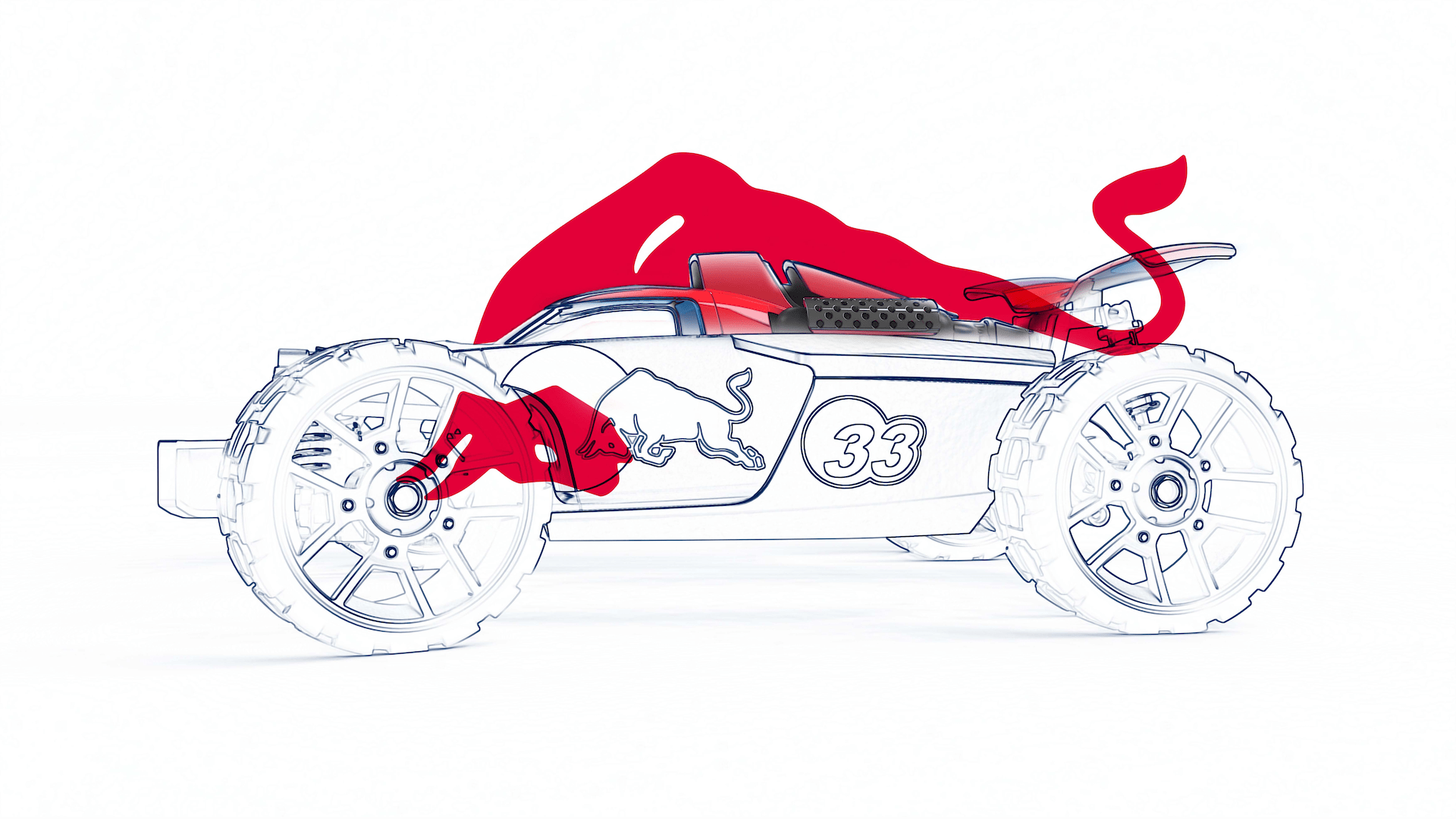 Eine Zeichnung des Ferngesteuerten Carrea Rennauto im Redbull Branding