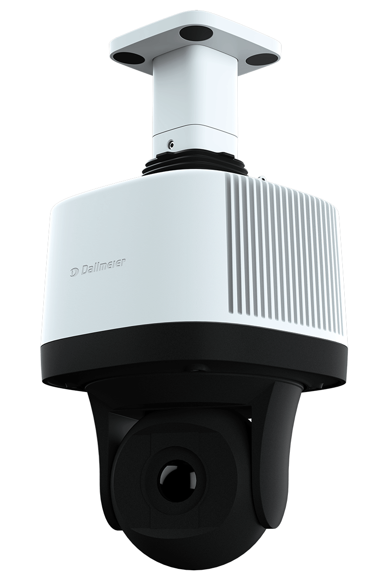 The black and white 360 ​​° Panomera PTZ video camera with a grooved surface.