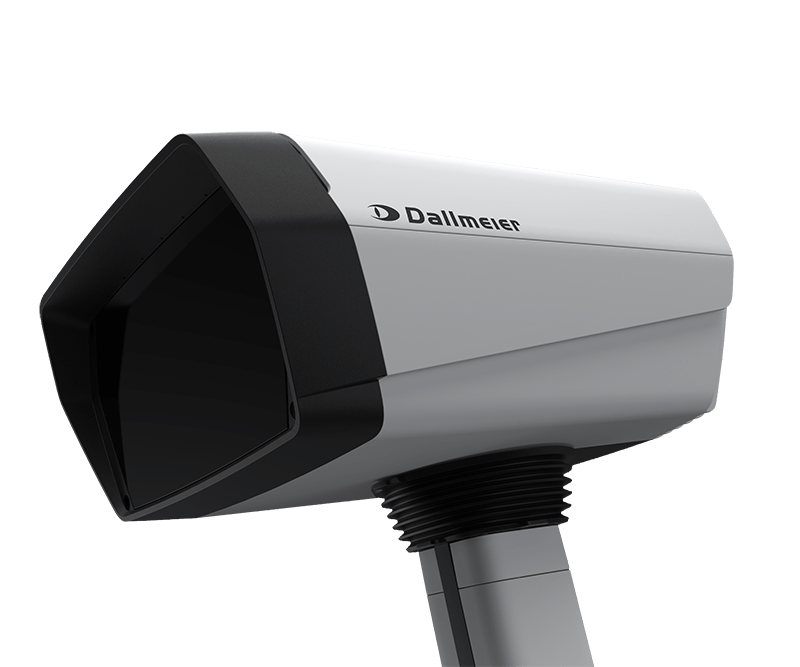 A white, angular Panomera S8 video camera from Dallmeier, in side view.