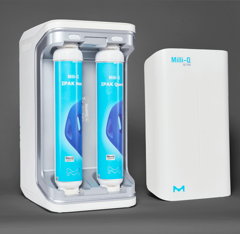 A look into the Milli-Q fresh water system from Merck shows two cartridges that can be inserted into a housing.