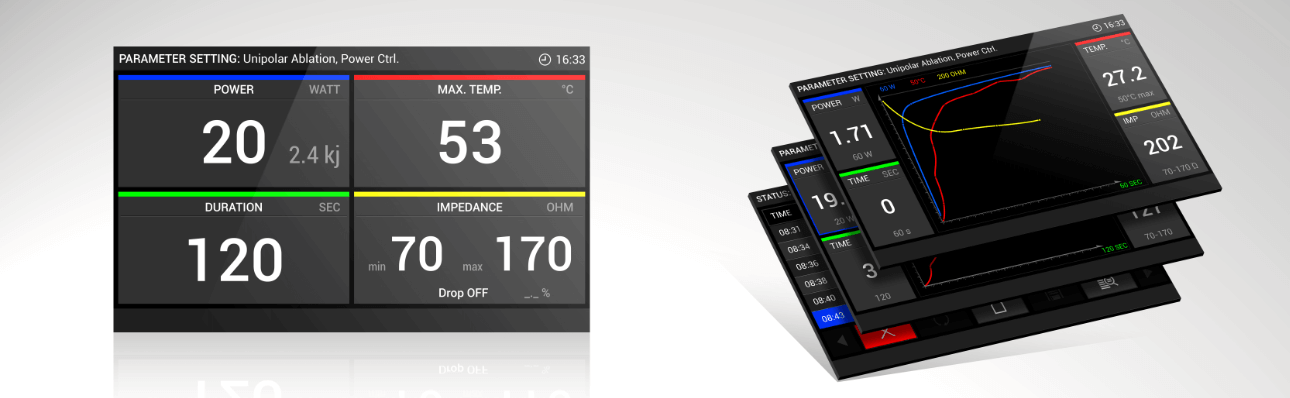 Overview of the user interface of the HAT500 product family by Osypka in dark design.