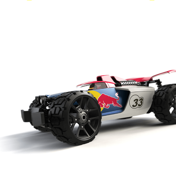 A detailed drawing of the remote-controlled Carrera racing car in Red Bull branding from above.