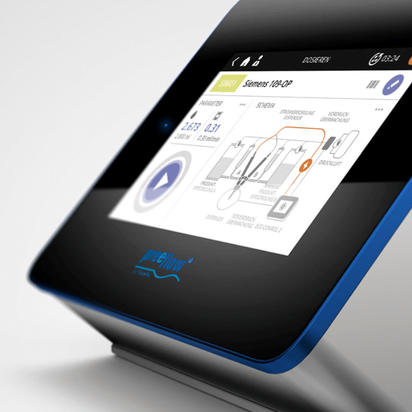 Close-up of a blue and white, digital user interface for the eco 200 adhesive dispenser from ViscoTec.
