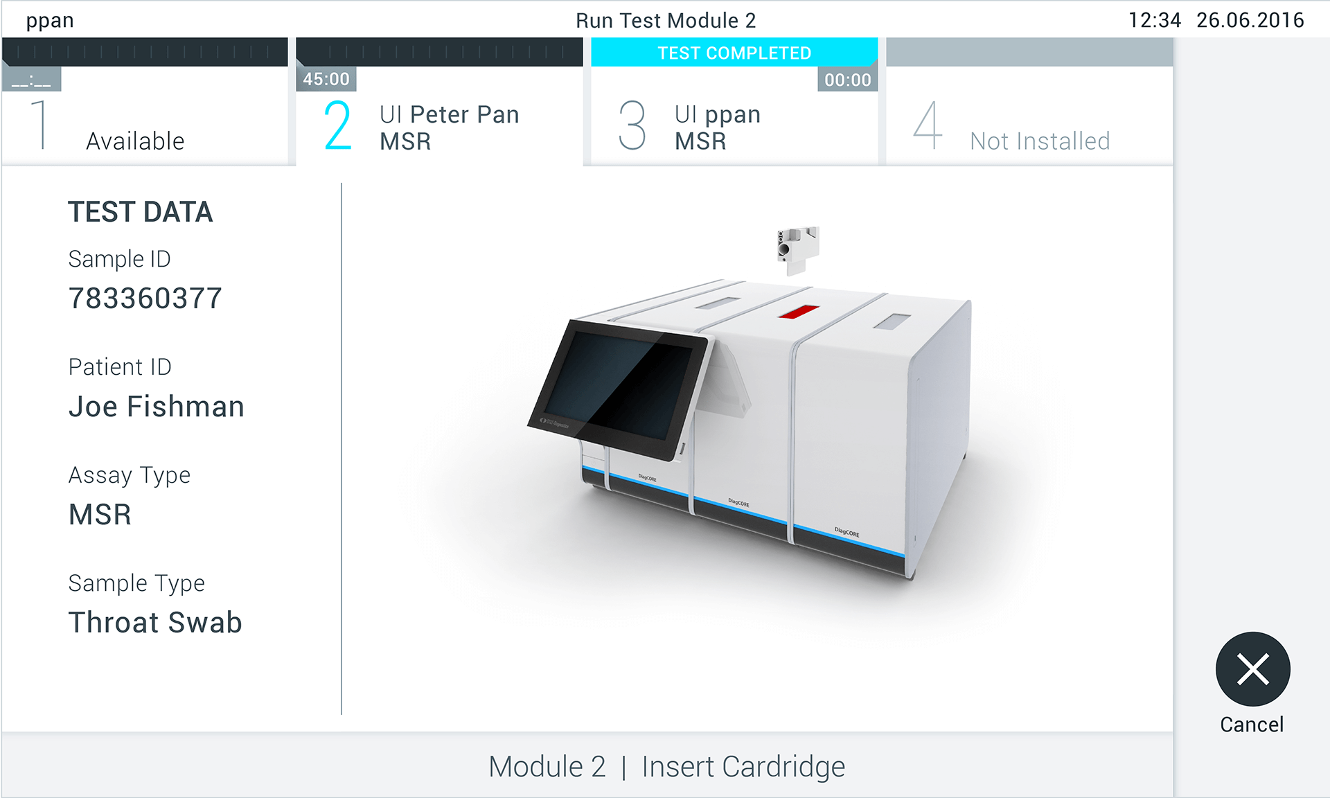 Representation of the user interface of Qiagen's QIAstat Analyzer, which invites the user to put the sample into the device.