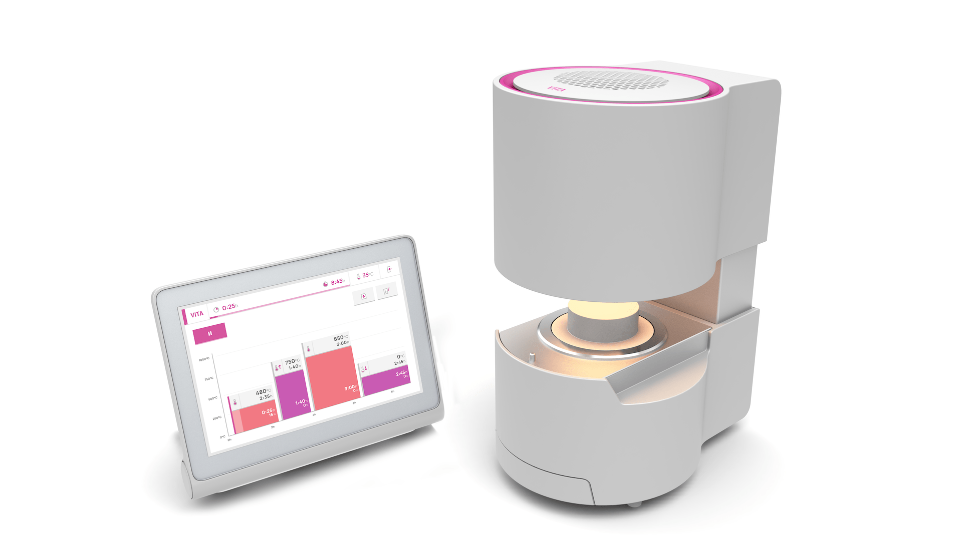 Der weiß-pinke Brennofen Smart.Fire von Vita mit leuchtender Lampe steht links von seinem zugehörigen Touchscreen mit heller, flächiger UI.