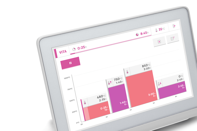 A close up of the bright pink UI showing parameters of the heating process