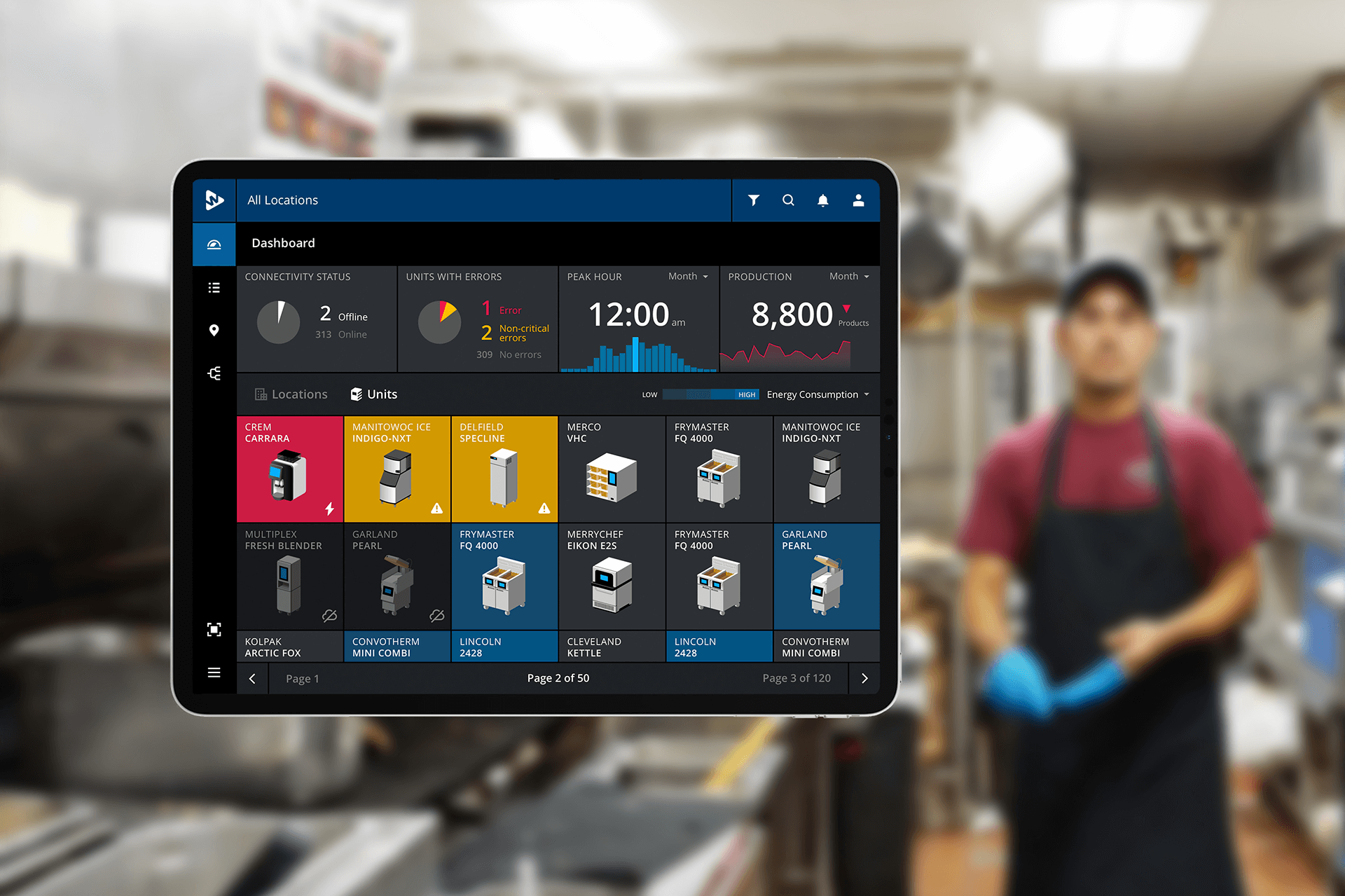 A tablet screen in the foreground shows the view of several kitchen appliances. In the background a potential user in his catering kitchen.