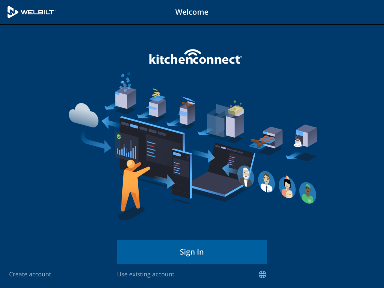 The start screen of the KitchenConnect Application from Welbilt shows an illustration of users and kitchen appliances in action.